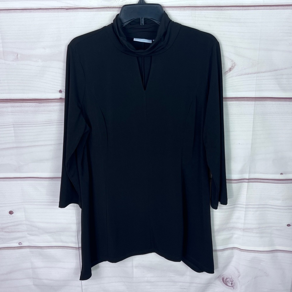 Susan Graver Top Womens Large Black Keyhole Mock Neck Blouse Liquid Knit A-Line